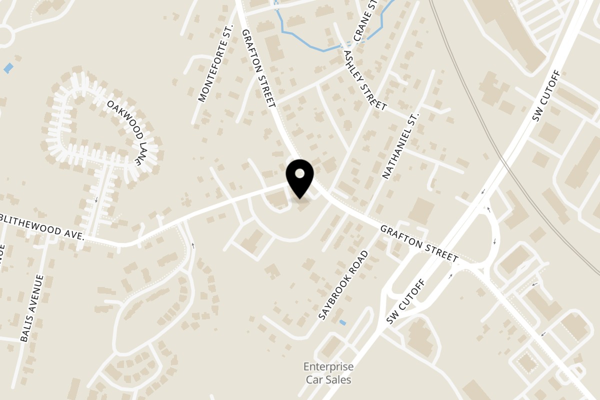 Map showing the location of ākra Eatery on 1280 Grafton St in Worcester